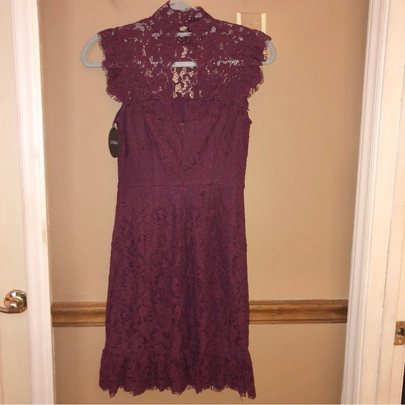 Storia High Neck Lace Mini Dress burgundy red size small - Picture 3 of 7
